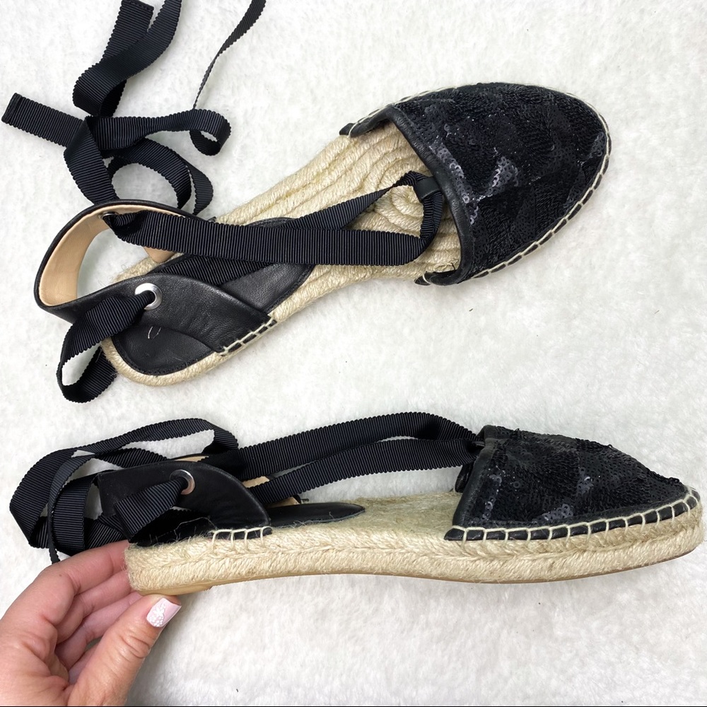 Jewel by Badgley Mischka Black Ankle Wrap Espadrilles Sandals 6